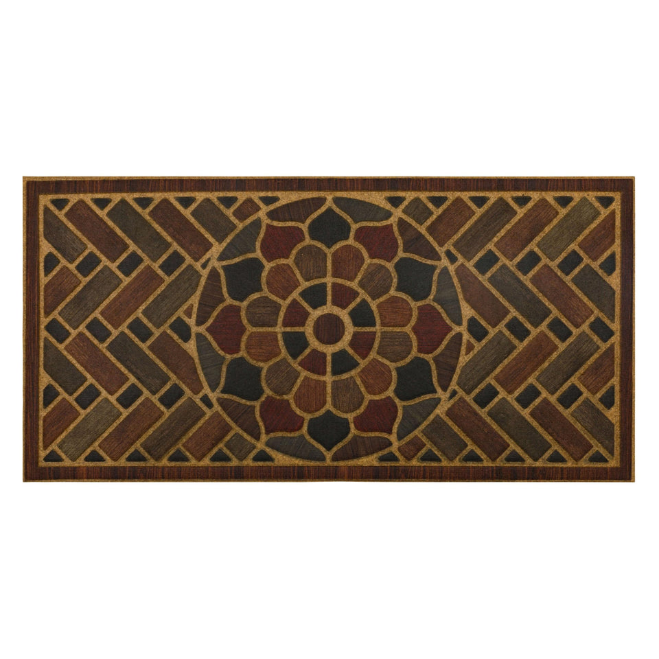 Mohawk Home Medallion Grain door mat grooved surface traps dirt and moisture.