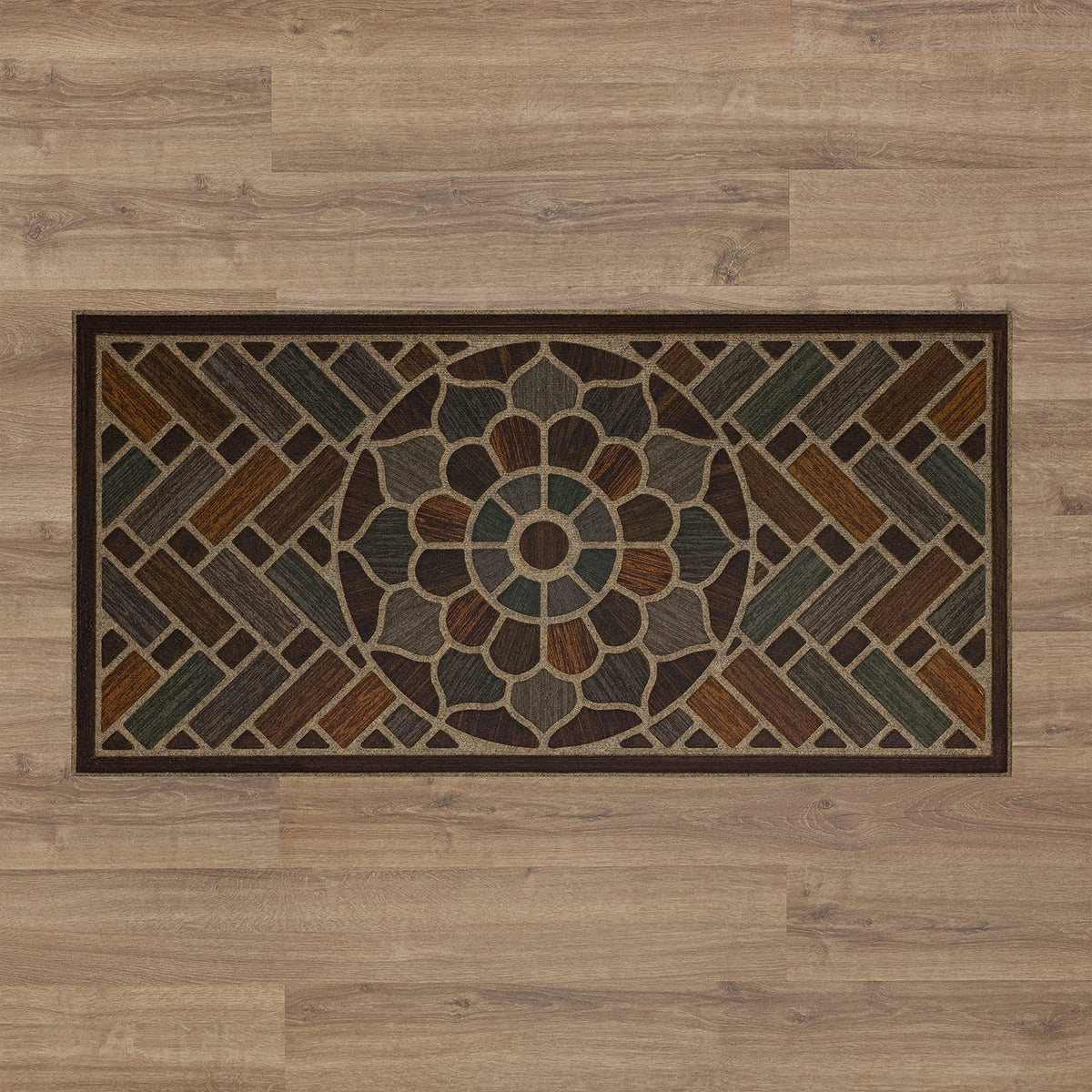 Mohawk Home recycled rubber backing supports eco-friendly design.