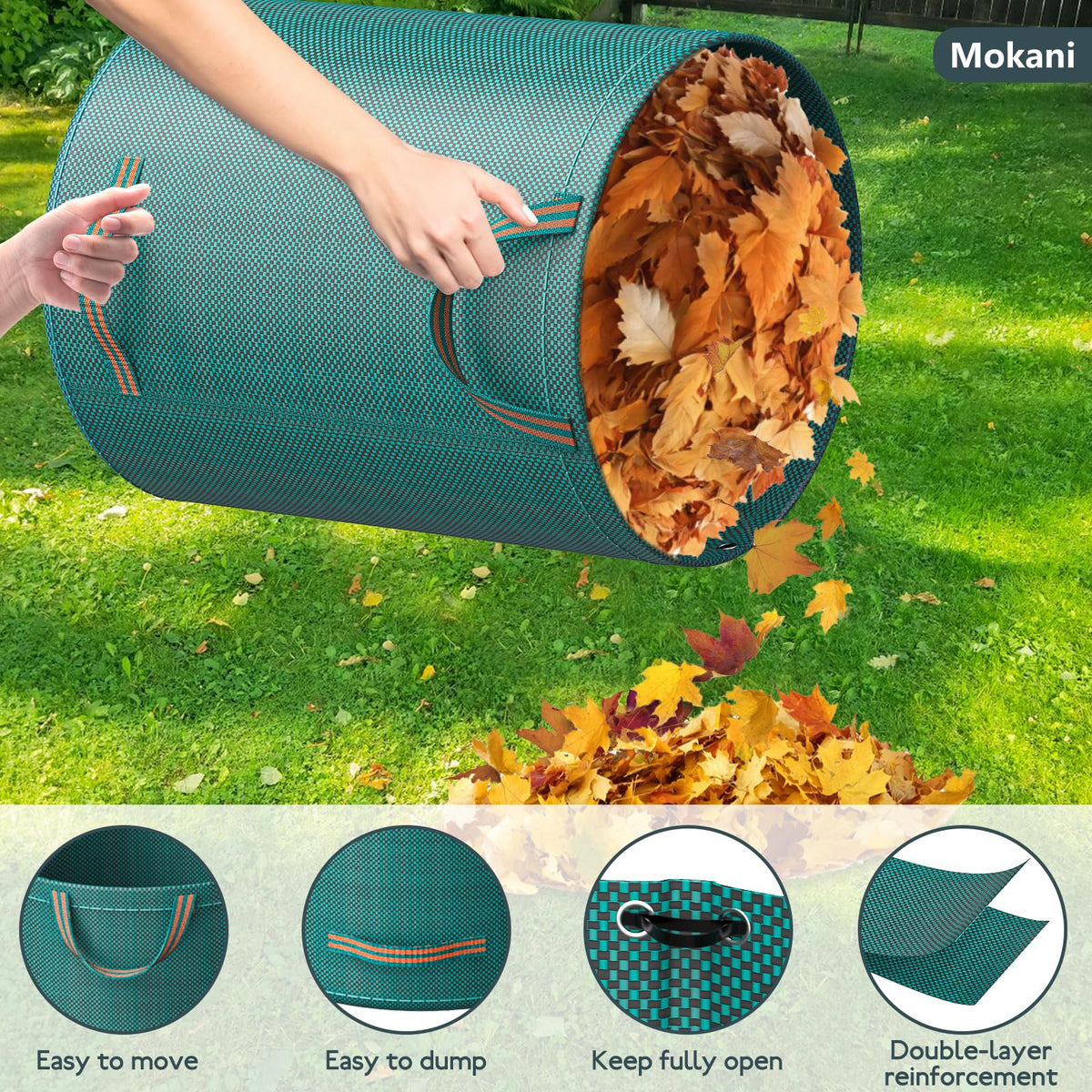 Mokani foldable garden waste bags for compact storage when not in use