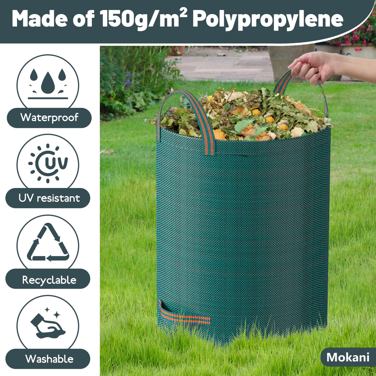 Mokani heavy-duty garden bags with reinforced handles for lifting heavy clippings