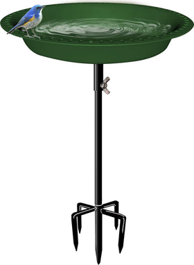 Mokeyder 29-inch oval bird bath on a stake invites garden birds.