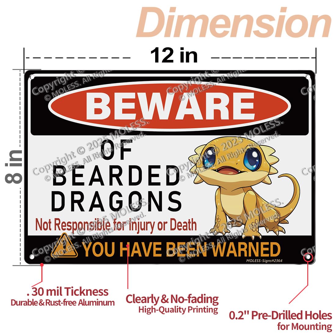 MOLESS Bearded Dragon Decor Sign shows four pre-drilled holes for mounting