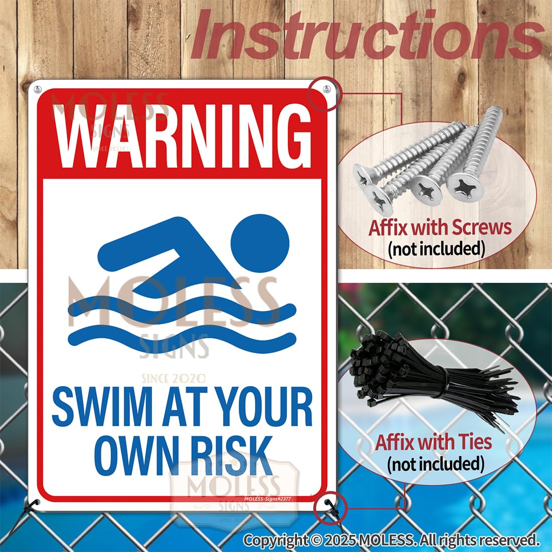 MOLESS no-fade print keeps pool signs vibrant across seasons.