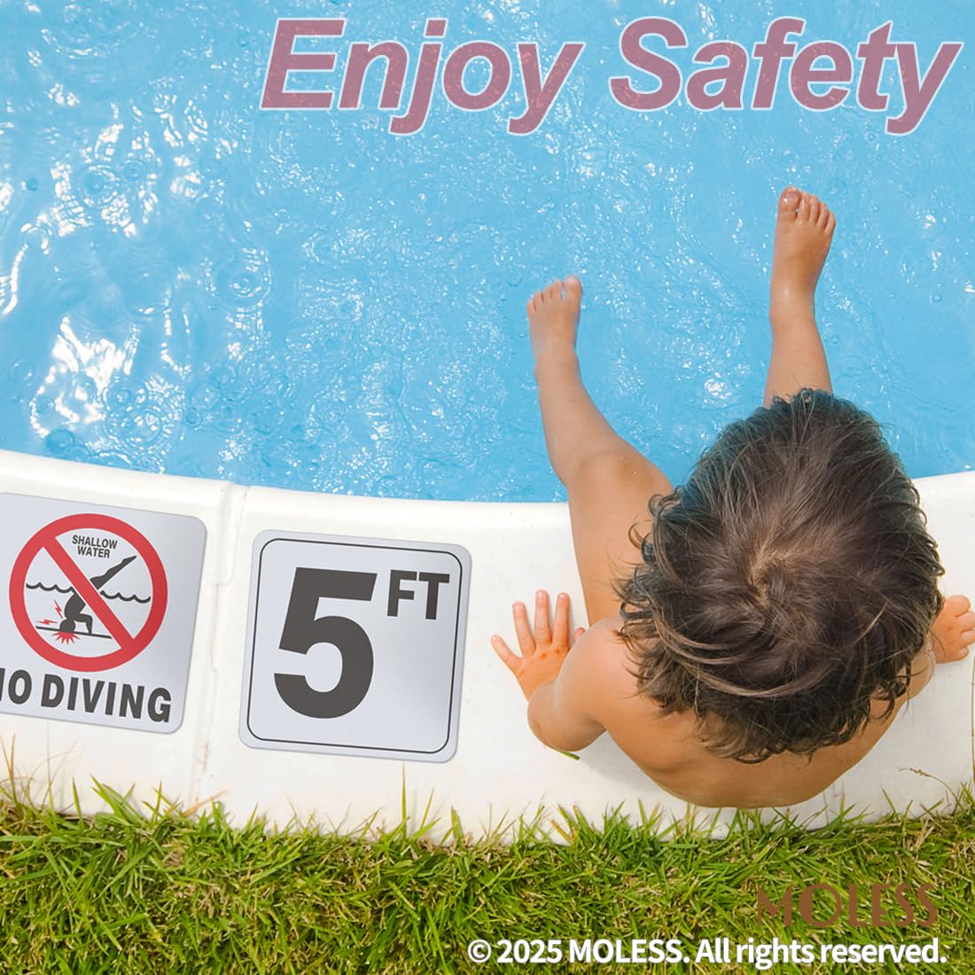 MOLESS pool safety sign on concrete poolside with clear depth cue