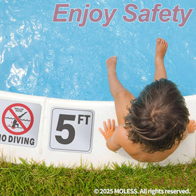 MOLESS pool safety sign on concrete poolside with clear depth cue