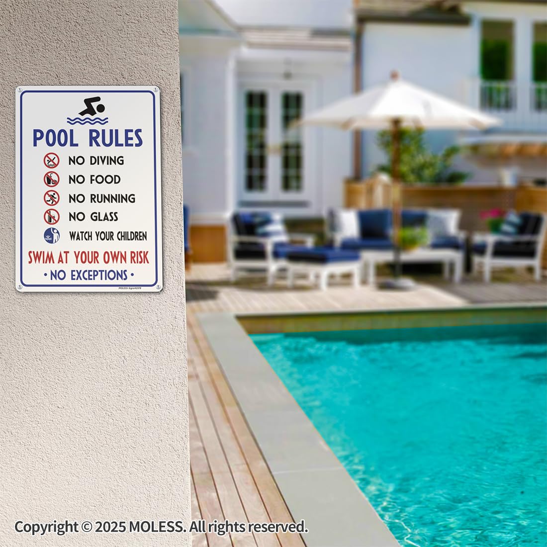 MOLESS Watch Your Children sign helps parents stay alert near the pool.