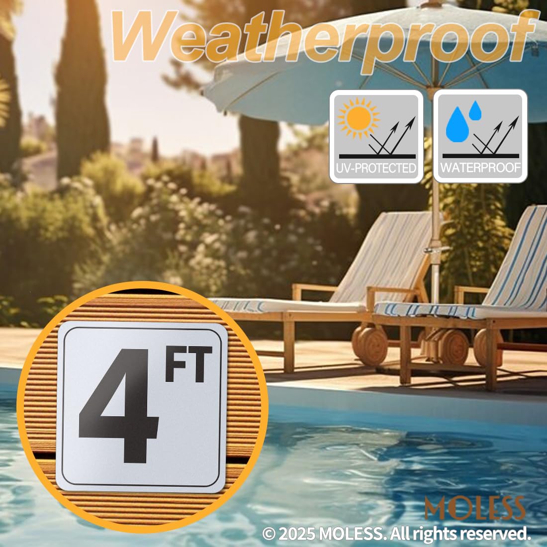 MOLESS pool-depth sign helps guests read depth at a glance