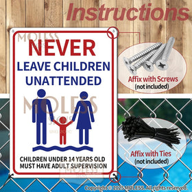 MOLESS Never Leave Children Unattended outdoor sign emphasizes supervision from afar
