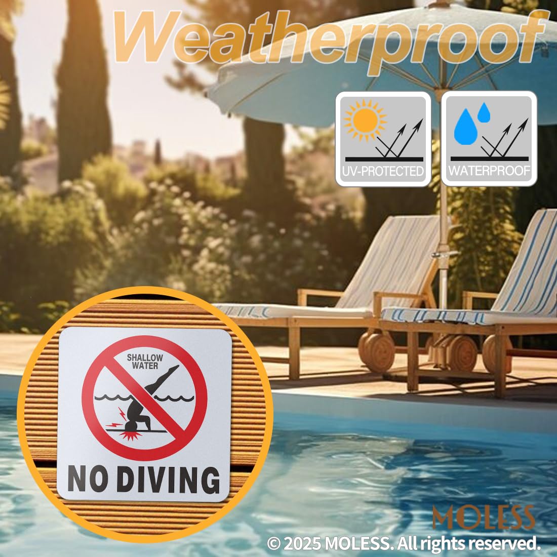 MOLESS warning sign conveys clear cues for pool deck visitors.