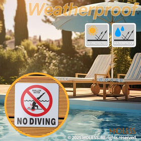 MOLESS warning sign conveys clear cues for pool deck visitors.