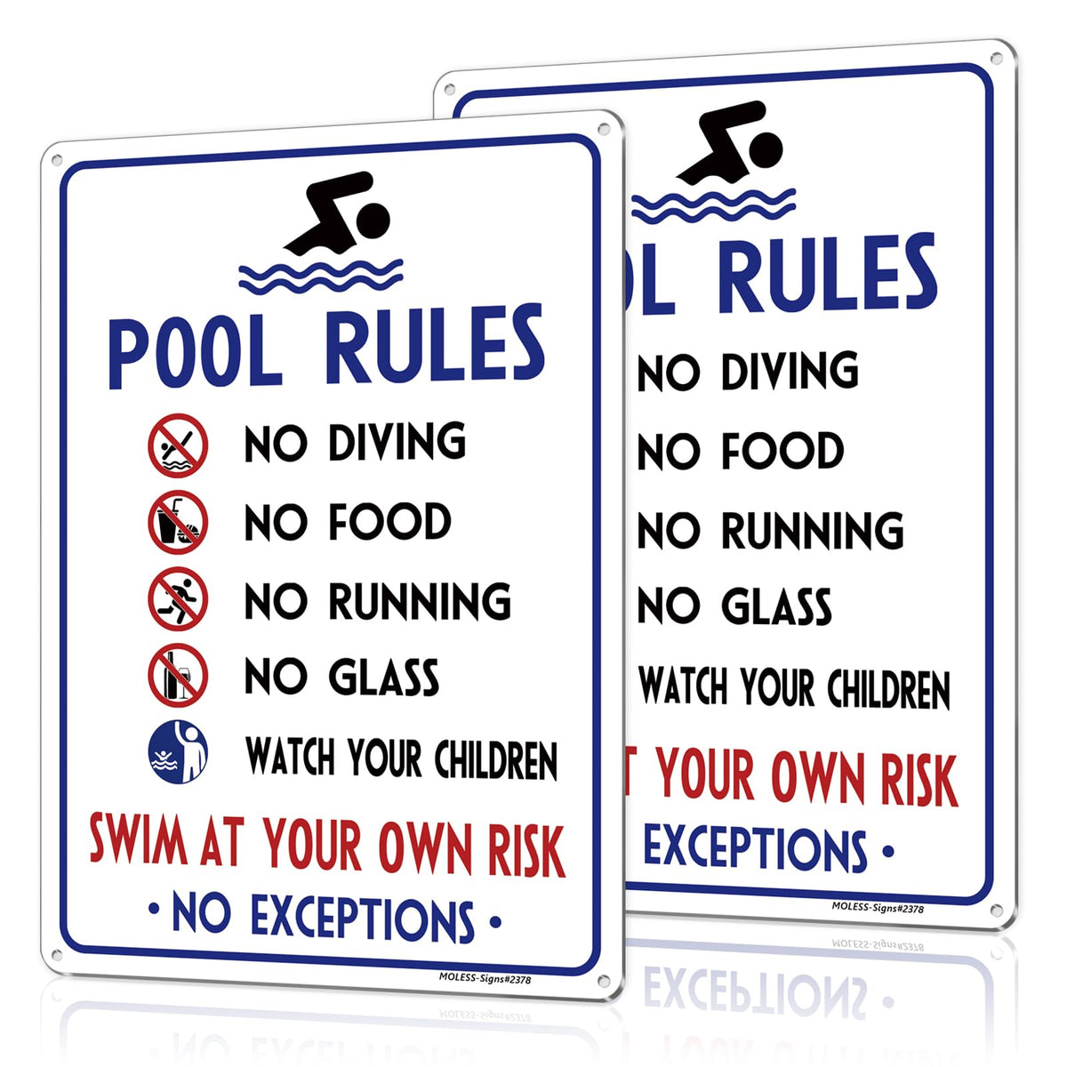 MOLESS outdoor pool signs 14x10 2-pack improve visibility and safety by the water.