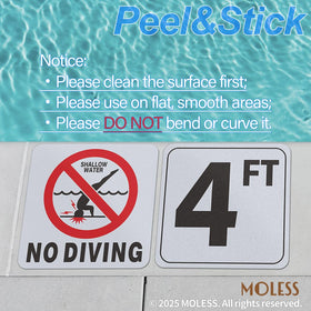 MOLESS self-adhesive pool sign installs quickly on tiles or concrete.