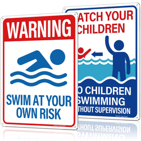 MOLESS Swim at Your Own Risk sign for outdoor pool safety.