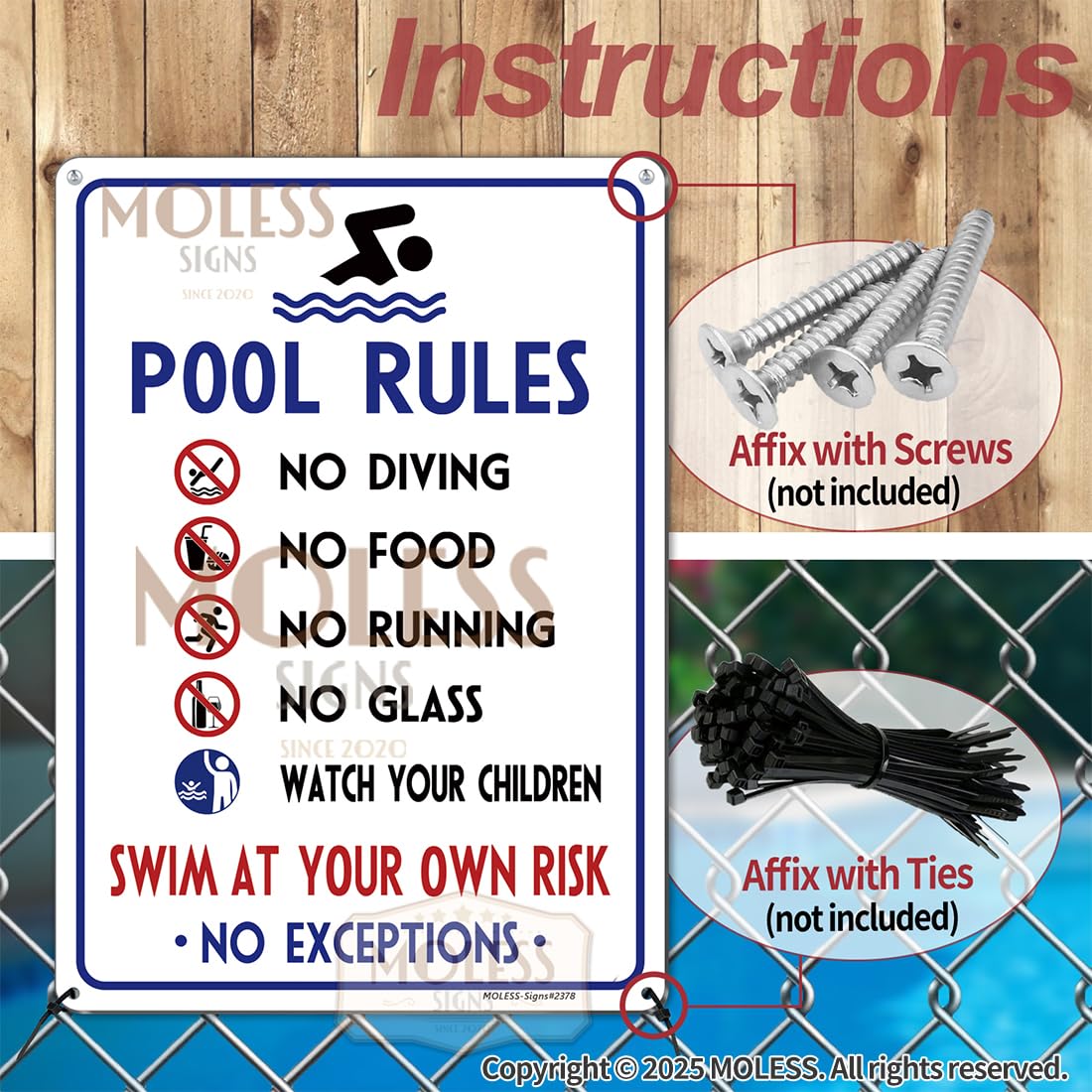 MOLESS Swim At Your Own Risk sign reminds guests to assess conditions before entering.