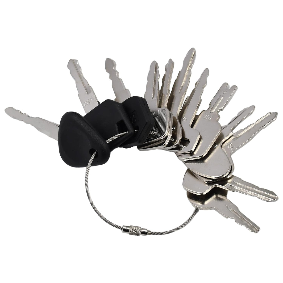 Overview of Molloparts universal forklift ignition key set with brand names on keys