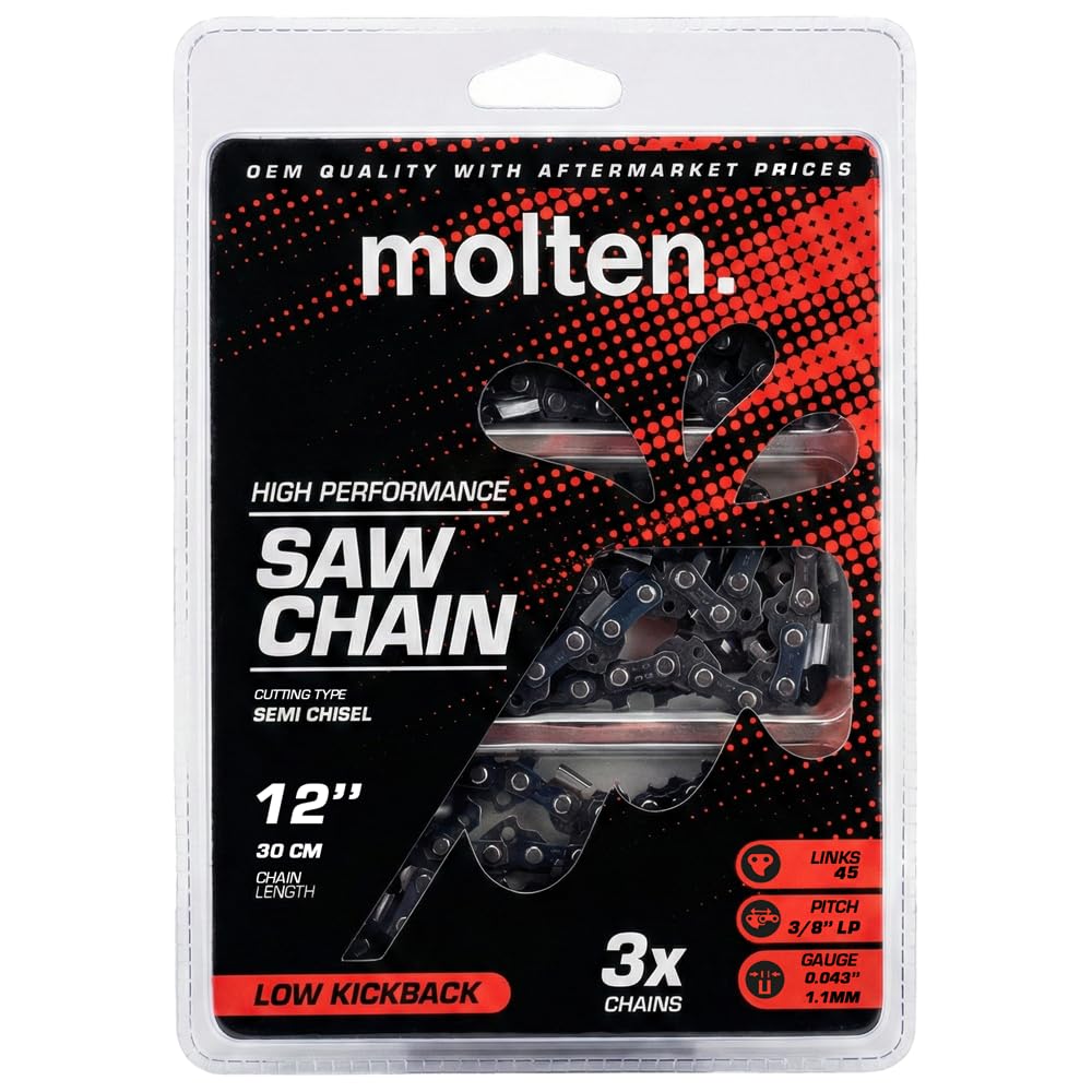 Molten Dewalt 12-inch chain pack close-up with 3/8 inch LP and .043 inch gauge.