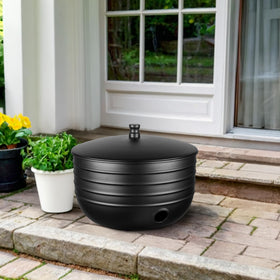 Border-embossed metal design on Monarch Abode hose holder adds decorative curb appeal.