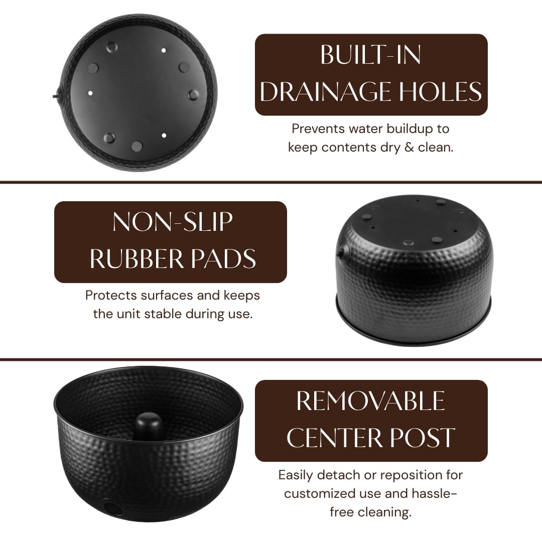 Center post guides smooth coiling for tangle-free use of Monarch Abode hose holder.