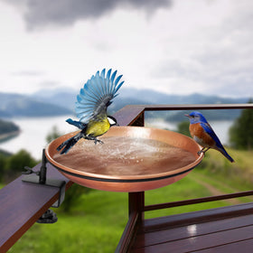 Monarch Abode copper bird feeder bowl welcomes seeds for wild birds along your garden path