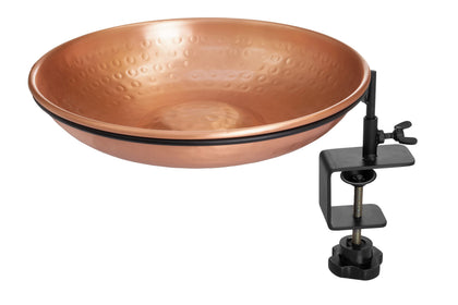 Monarch Abode copper deck-mounted bird bath with hand-hammered finish inviting birds to drink and bathe