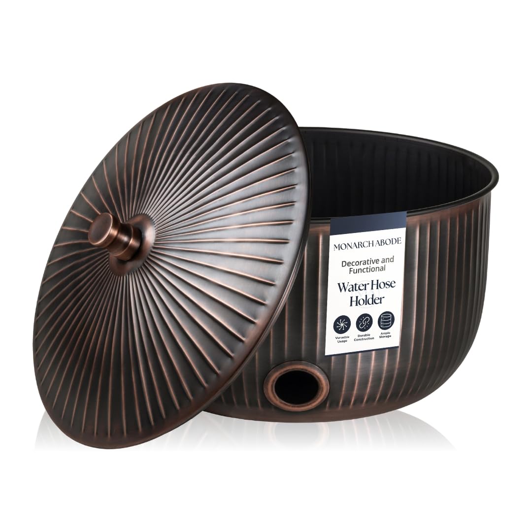 Monarch Abode garden hose holder with lid keeps hoses neatly stored and accessible.