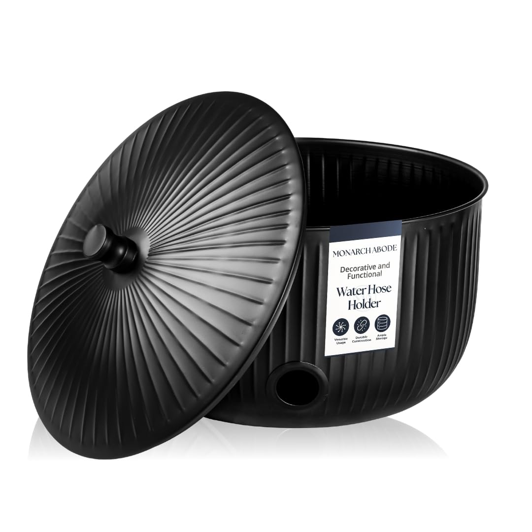 Monarch Abode garden hose holder with lid keeps hoses tidy and accessible.