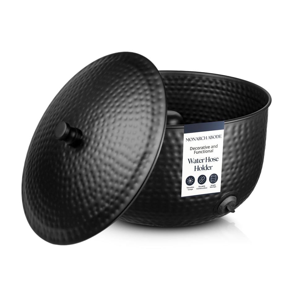 Monarch Abode hose holder with lid keeps hoses tidy outdoors.