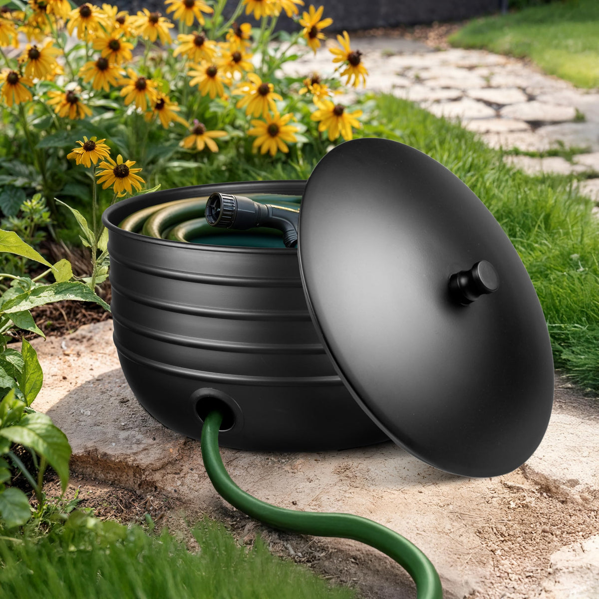 Patio setup shows Monarch Abode hose holder blending with modern outdoor decor.
