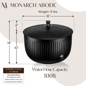 Monarch Abode outdoor hose storage fits up to 100 ft hose for easy access.