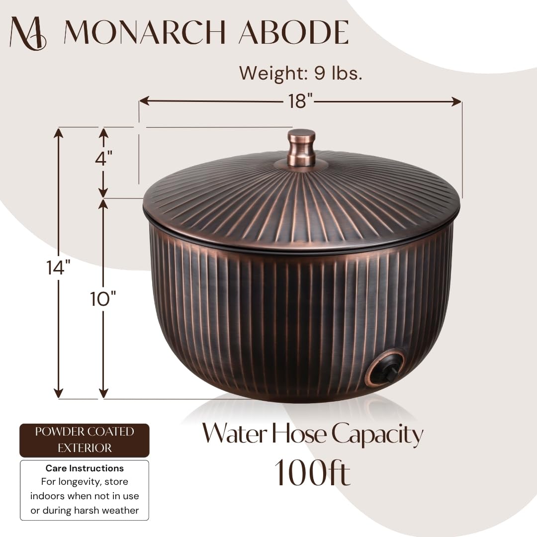 Monarch Abode outdoor water hose storage pot keeps hoses organized on patios.