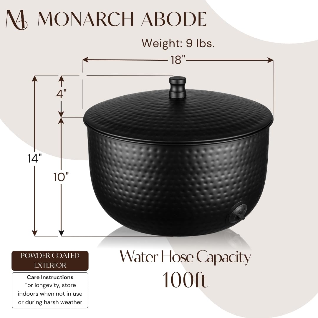 Outdoor hose storage by Monarch Abode enhances patio organization.