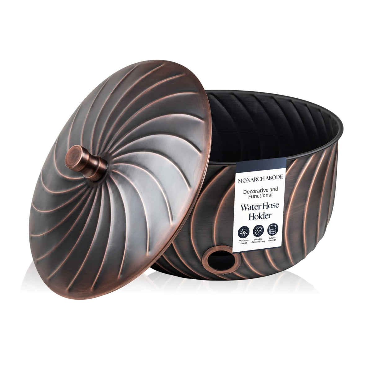 Monarch Abode wave-embossed hose holder with lid keeps outdoor hoses tidy