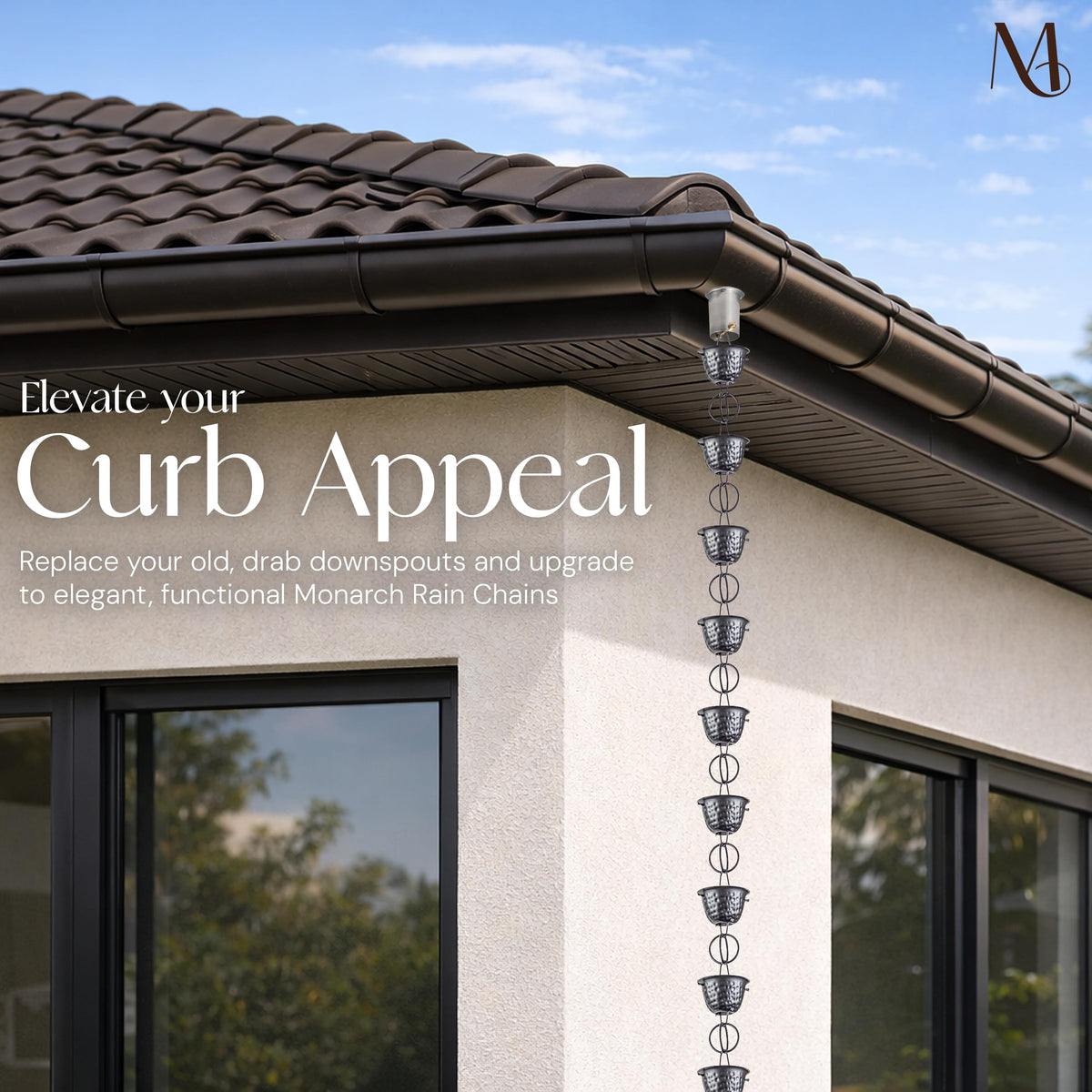 Monarch decorative rain chain with 15 large cups boosts curb appeal.
