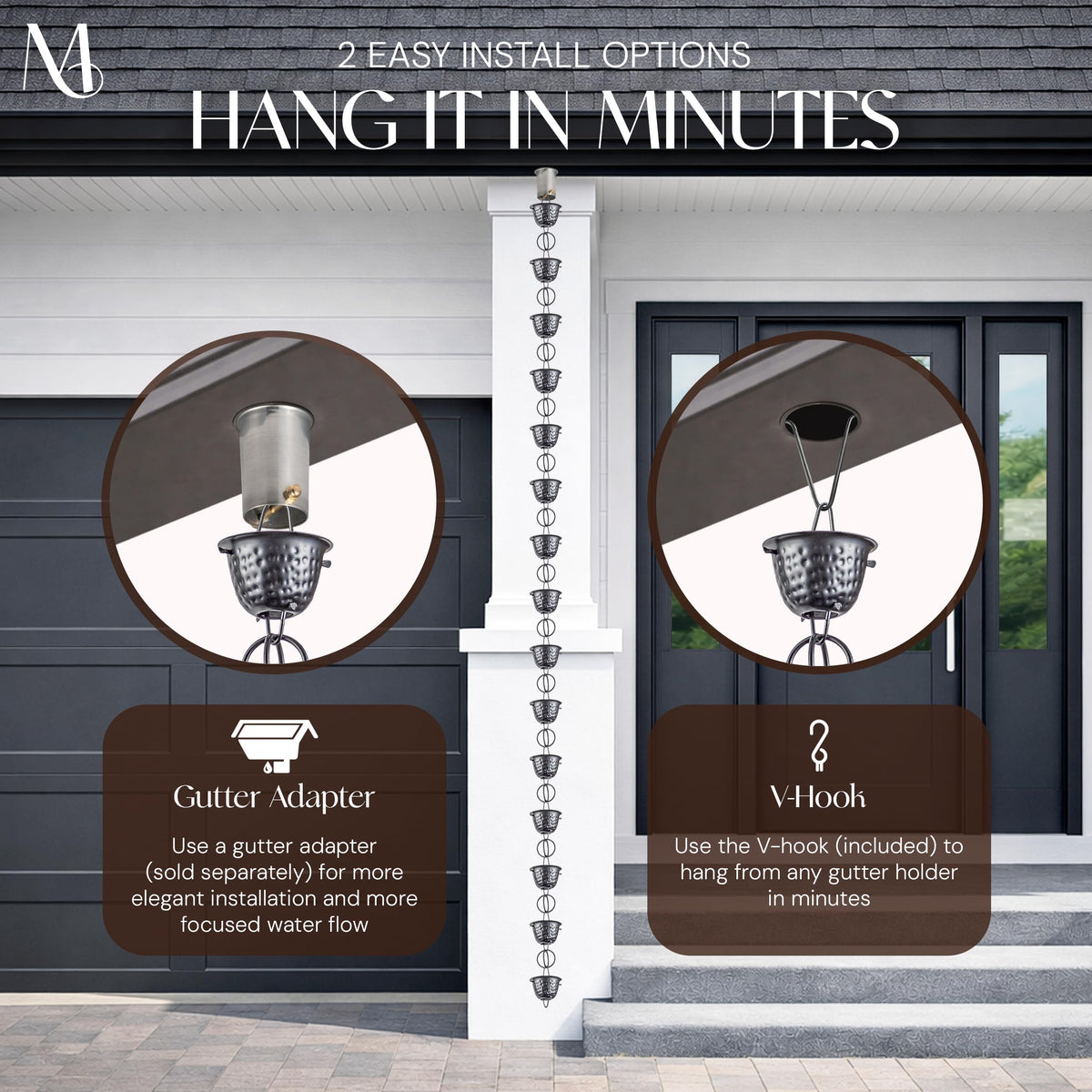Monarch expandable rain chain length adjusts for taller rooflines.