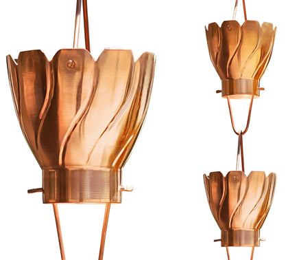 Monarch Rain Chains Akira copper cups on full display offer decorative water flow for gutters.