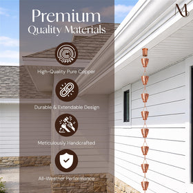 Monarch Akira rain chain length 8.5 feet beside a modern home exterior.