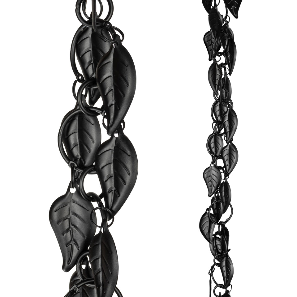 Monarch Rain Chains aluminum cascading leaves in matte black for elegant gutter drainage and curb appeal