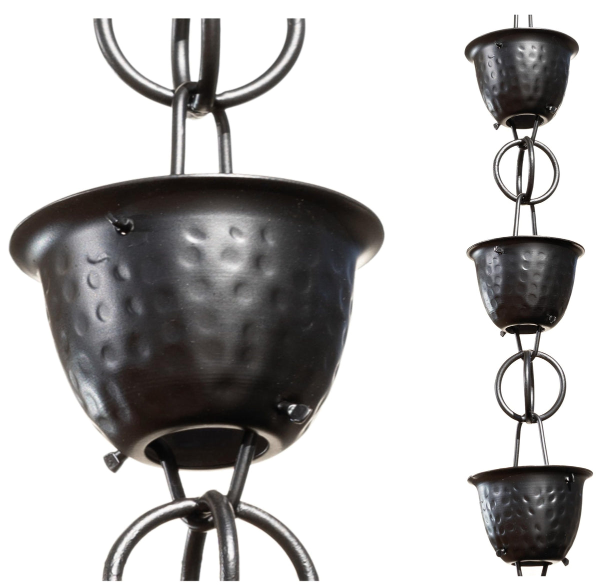 Monarch Rain Chains aluminum hammered cup black rain chain displayed outdoors as a gutter alternative.