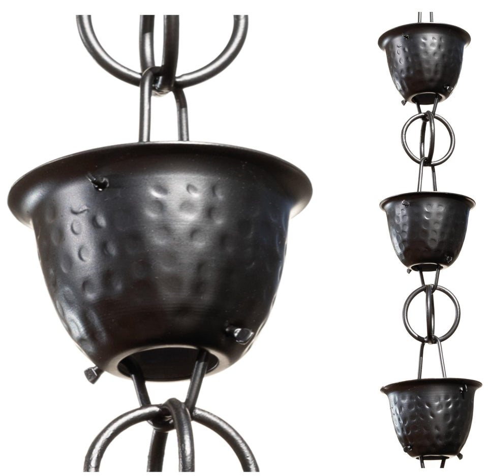 Monarch Rain Chains aluminum hammered cup black rain chain displayed outdoors as a gutter alternative.