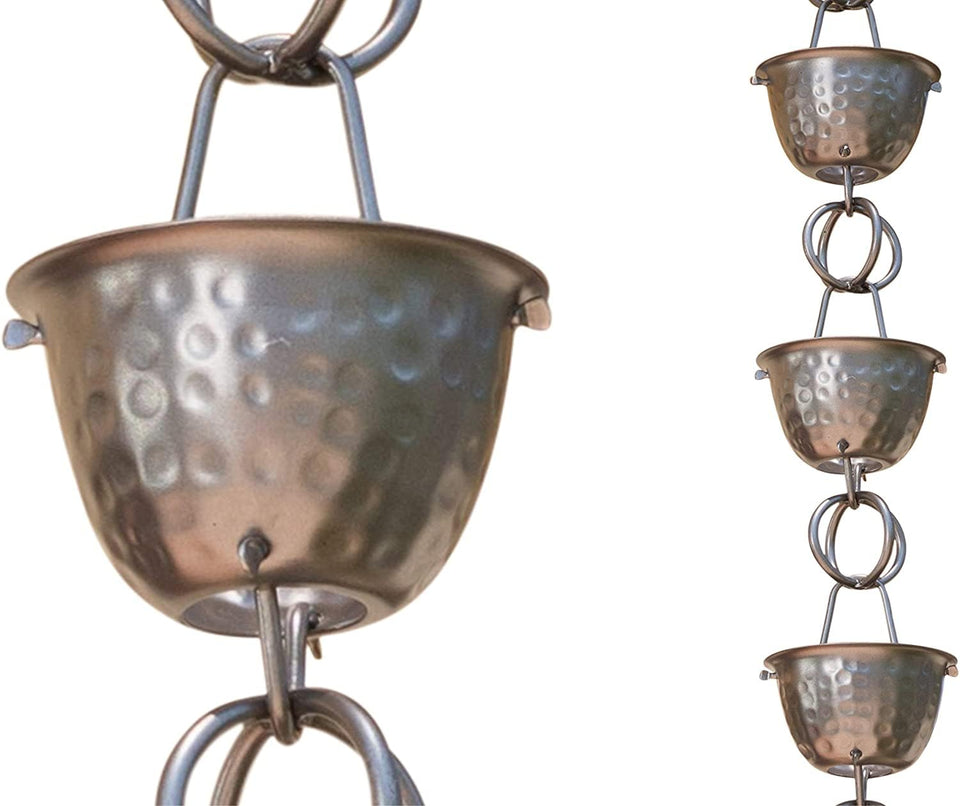 Monarch Rain Chains aluminum hammered cups with pewter finish for smooth water flow.