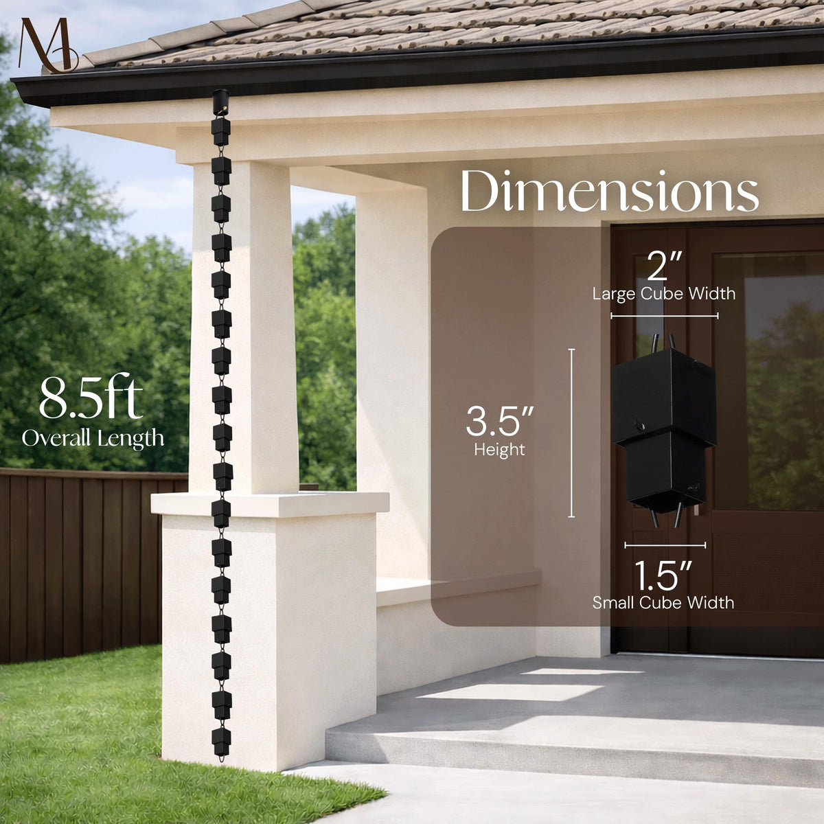 Monarch Rain Chains expandable design allows length customization for various rooflines.