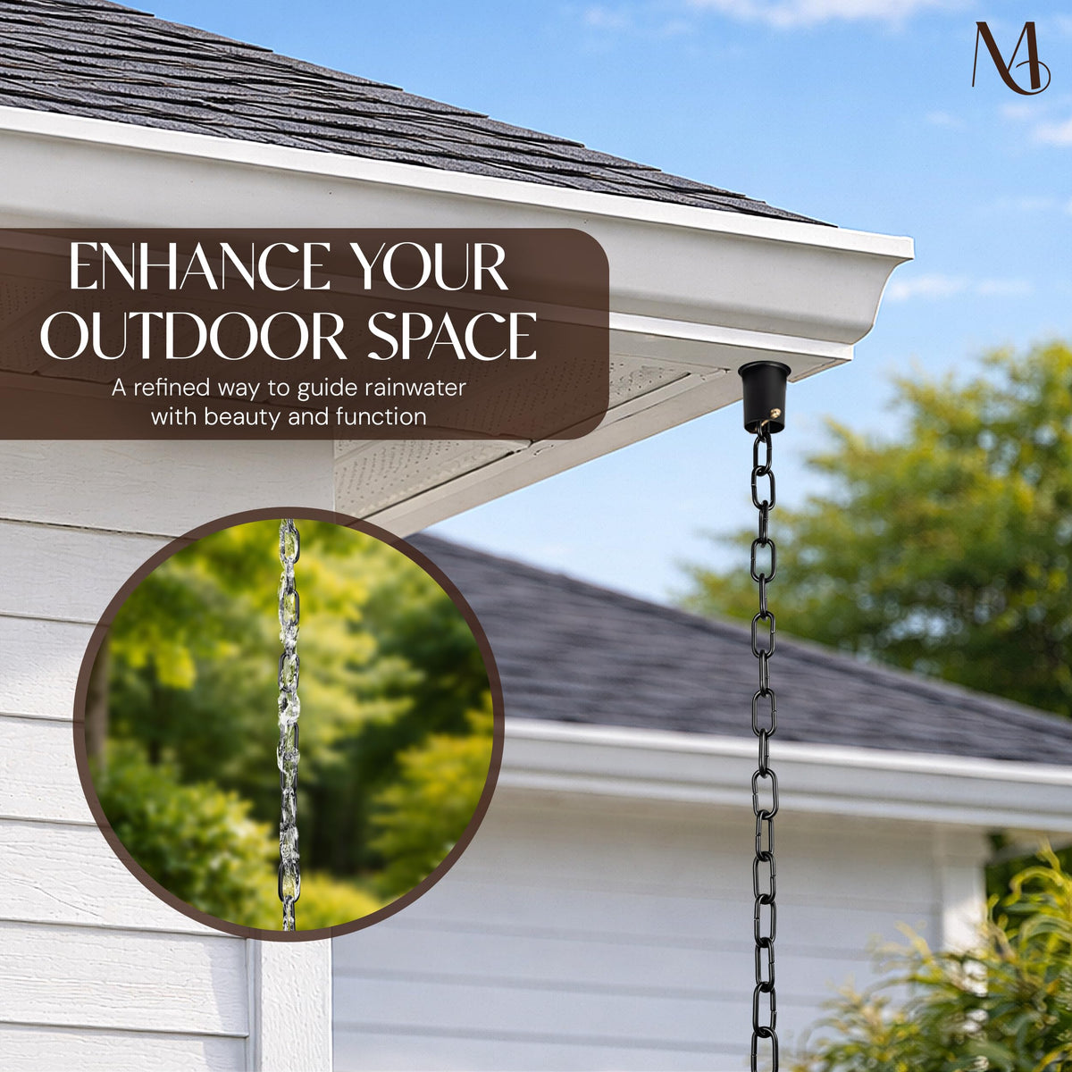 Monarch Rain Chains aluminum-27-links-modern-design provides a contemporary cascade for controlled rain flow.