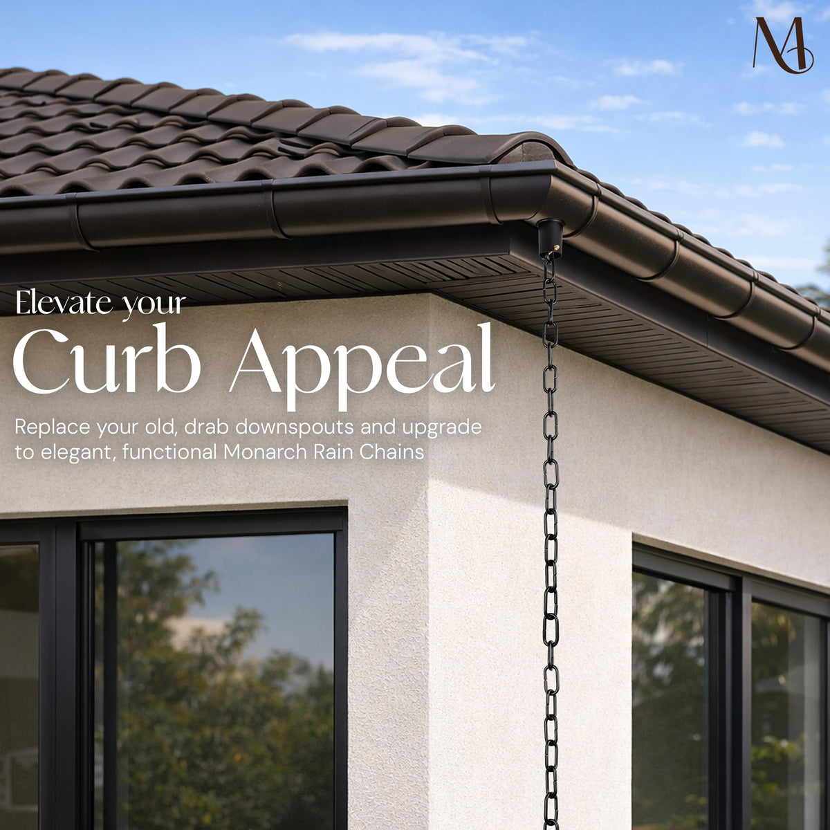 Monarch Rain Chains are ideal for gardens, porches, and entryways as decorative drainage.
