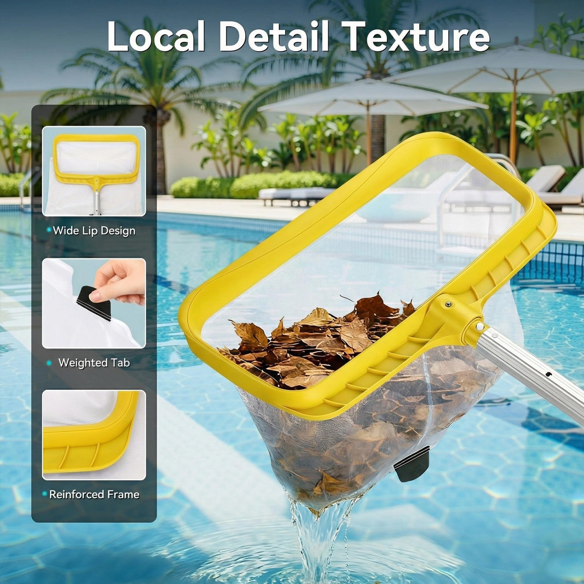 Monitok pool skimmer attaches to standard 1-1/4 inch poles for easy use.