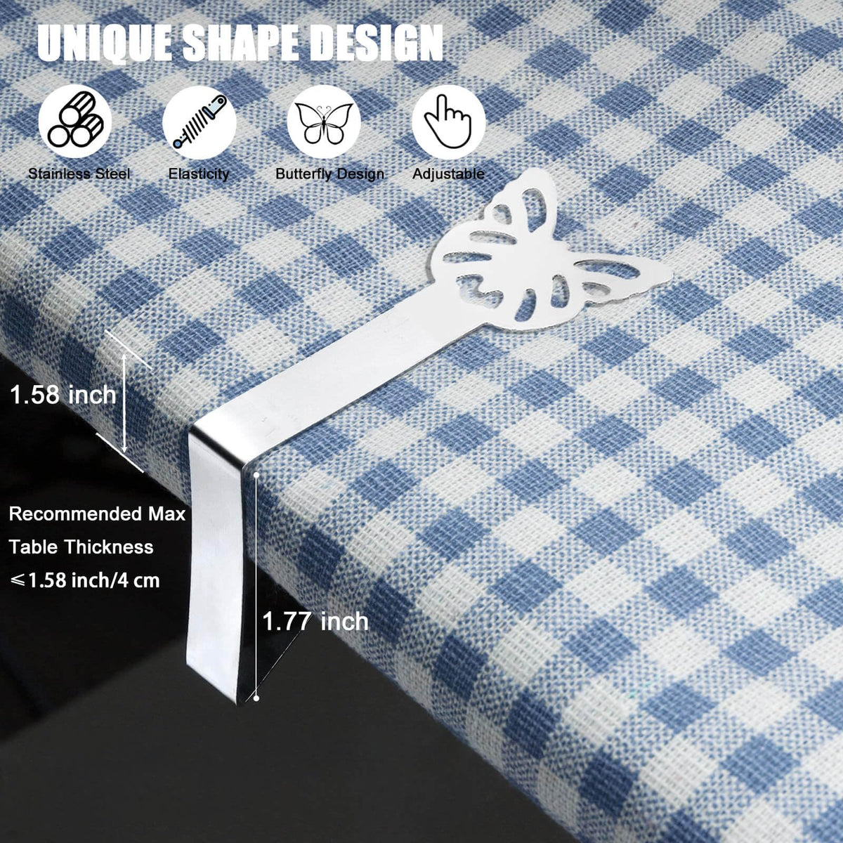MONNCHA stainless steel tablecloth clip closeup showing durable construction