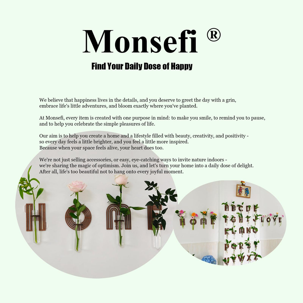 Monsefi small cuttings display on wall for top-angled greenery accents.