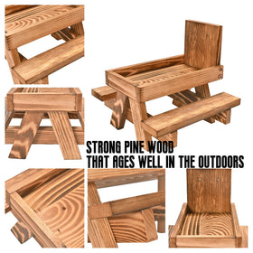 Mont Pleasant Picnic Table Squirrel Feeder with a mesh bottom keeps contents tidy during use.