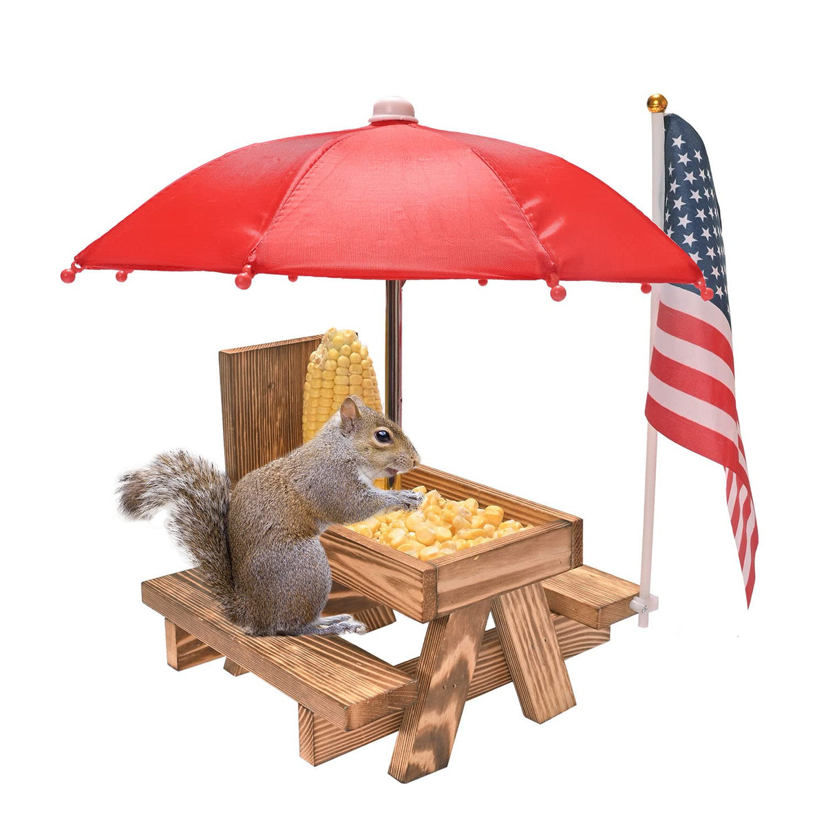Mont Pleasant Squirrel Feeder Picnic Table with Umbrella provides easy-access nuts and seeds for backyard wildlife.