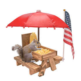 Mont Pleasant Squirrel Feeder Picnic Table with Umbrella provides easy-access nuts and seeds for backyard wildlife.