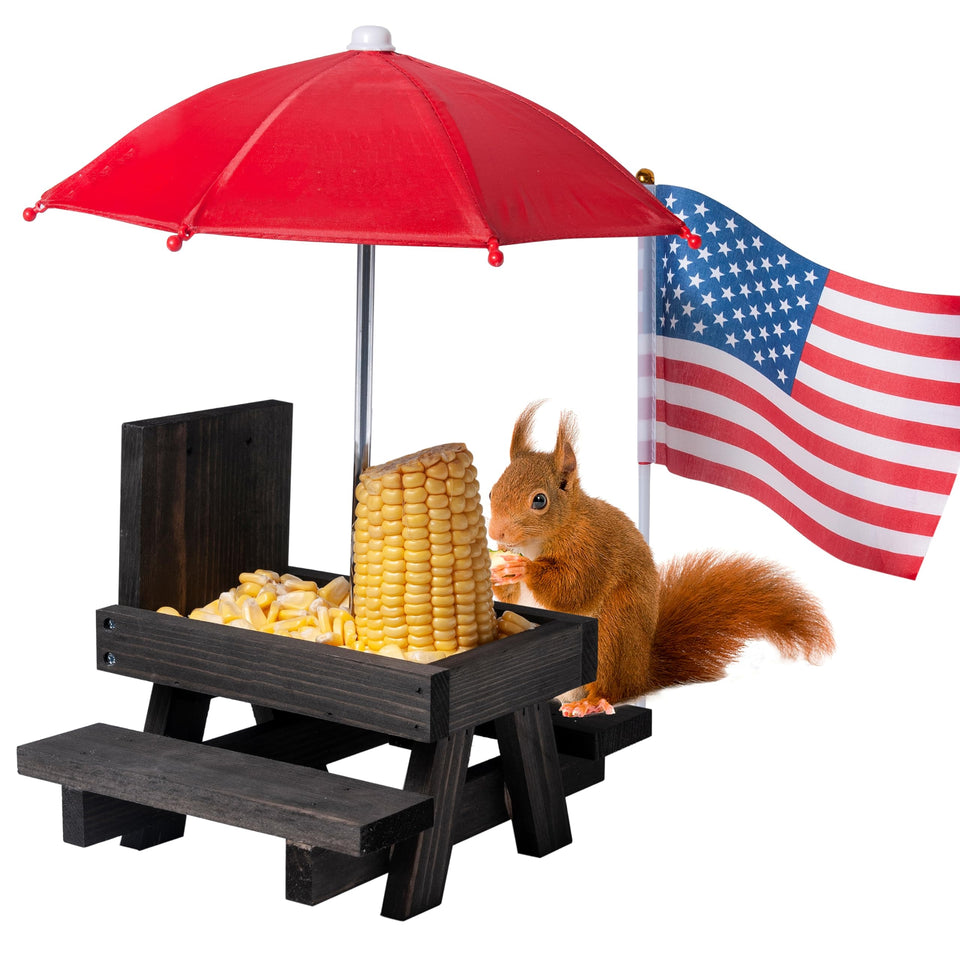 Mont Pleasant Squirrel Feeder with umbrella keeps feed dry outdoors.
